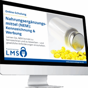 Monitor mit Schulung „Nahrungsergänzungsmittel (NEM): Kennzeichnung & Werbung“ von Praxistrainings LMS, daneben gelbe Kapseln und ein weißes Kunststoffdöschen.