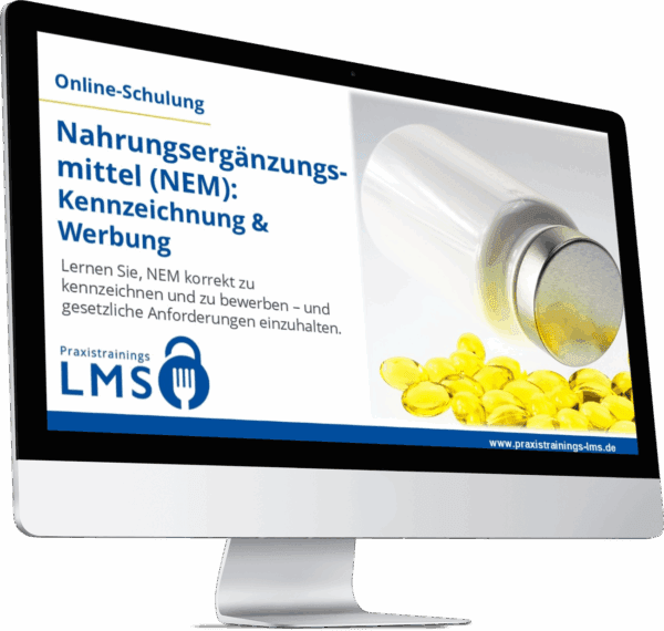 Monitor mit Schulung „Nahrungsergänzungsmittel (NEM): Kennzeichnung & Werbung“ von Praxistrainings LMS, daneben gelbe Kapseln und ein weißes Kunststoffdöschen.