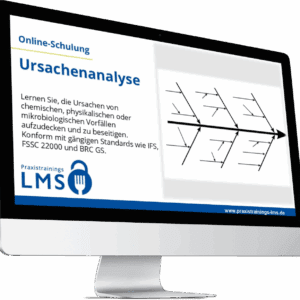 Monitor mit Schulung „Ursachenanalyse“ von Praxistrainings LMS, daneben eine Ishikawa-Diagramm-Grafik zur Darstellung von Fehlerursachen.
