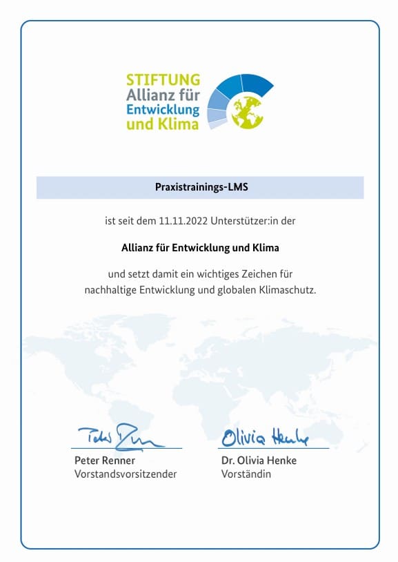 Urkunde über die Unterstützung von Praxistrainings-LMS bei der Stiftung Allianz für Entwicklung und Klima seit dem 11.11.2022 – Einsatz für globale Klimagerechtigkeit und nachhaltige Entwicklung.