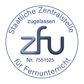 ZFU zugelassenes Siegel mit Zulassungsnummer 7551525 für staatlich geprüften Fernunterricht