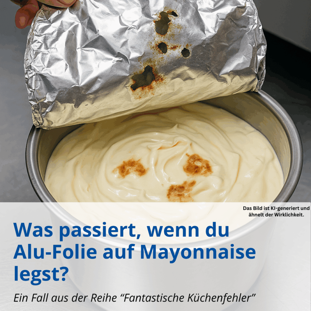 Beschädigte Alufolie mit Rostspuren über Schüssel voller Mayonnaise – chemische Reaktion sichtbar.