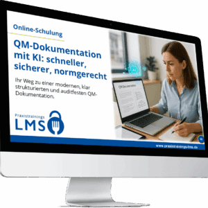 Monitor mit Schulungsseite zur Online-Schulung QM-Dokumentation mit KI von Praxistrainings-LMS