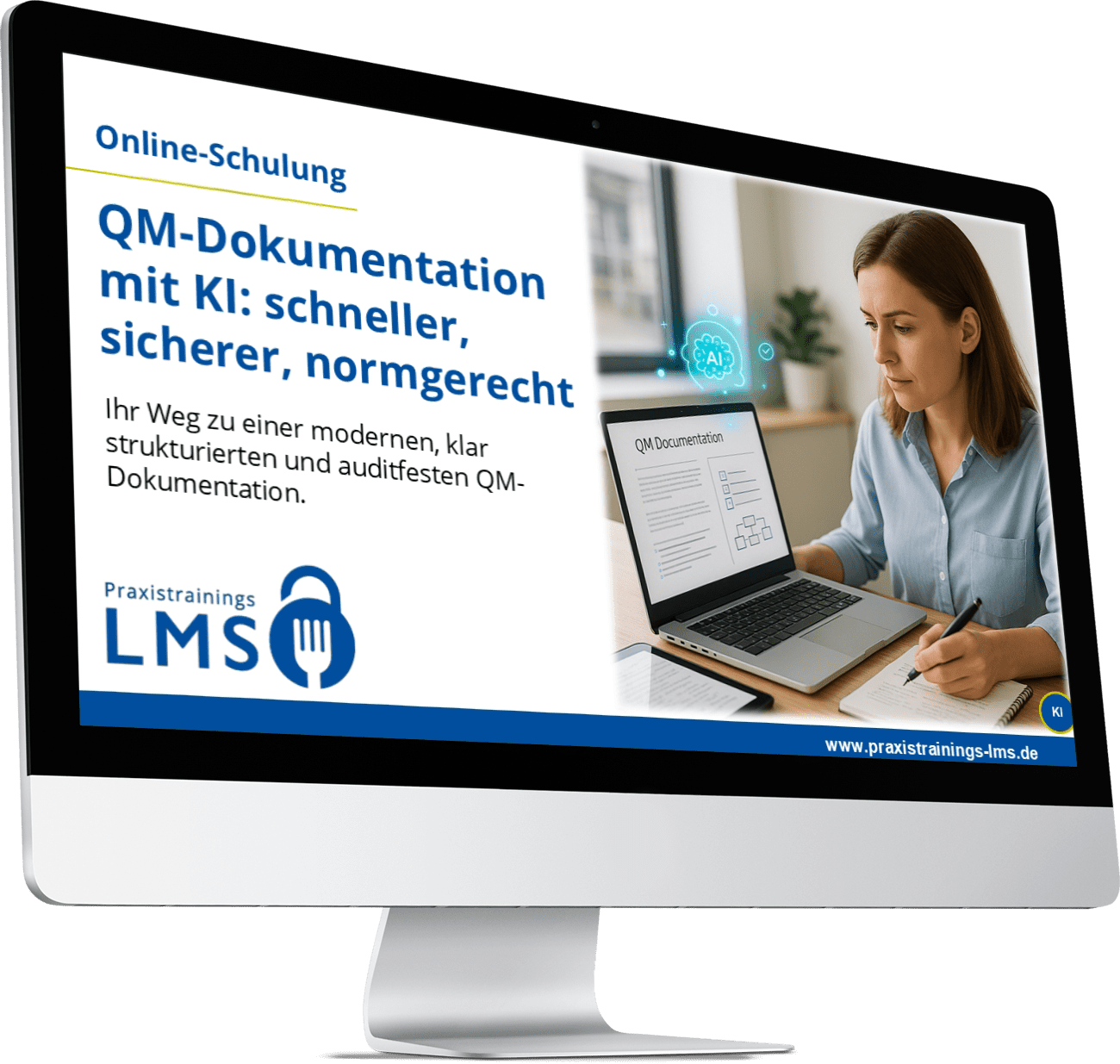 Monitor mit Schulungsseite zur Online-Schulung QM-Dokumentation mit KI von Praxistrainings-LMS