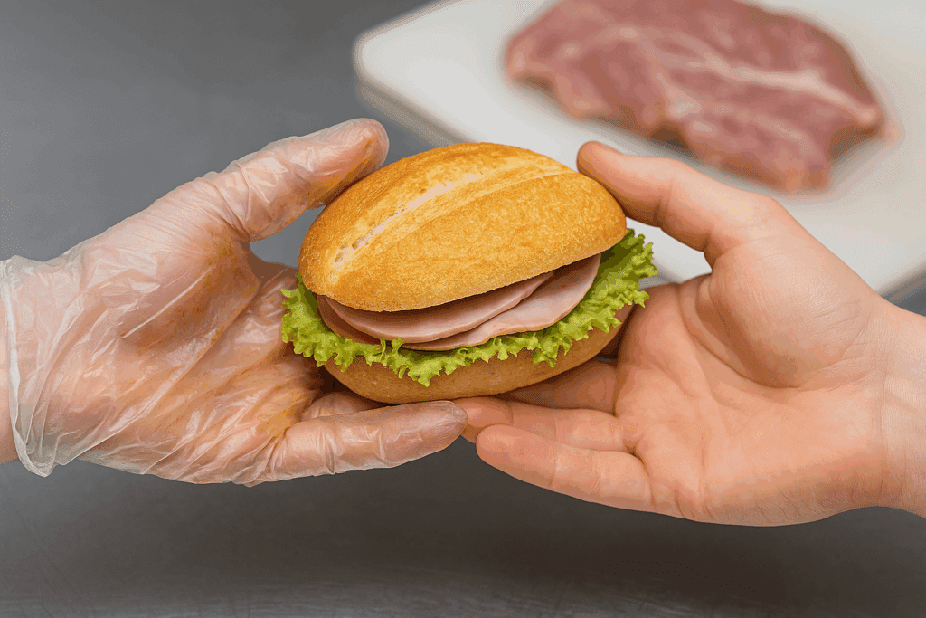 Hygiene beim Umgang mit Lebensmitteln: belegtes Brötchen wird mit Handschuhen übergeben
