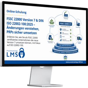 Online-Schulung „FSSC 22000 Version 7 & DIN ISO 22002-100:2025“. Dargestellt sind ein FSSC-22000-V7-Prüfboard, PRPs und Symbole für Landwirtschaft, Lebensmittelherstellung, Verpackung, Logistik, Lagerung und Futtermittel entlang der Supply Chain.
