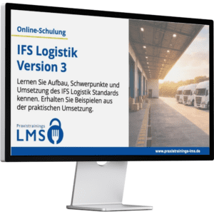 Online-Schulung „IFS-Logistik Version 3“ auf einem Computerbildschirm mit LKW-Flotte an einer Laderampe im Hintergrund.
