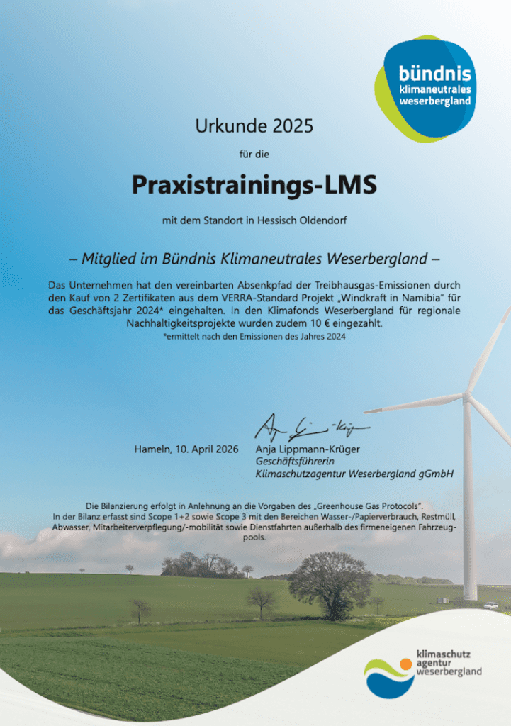 Urkunde für 2025 - Mitglied im Bündnis Klimaneutrales Weserbergland Praxistrainings-LMS