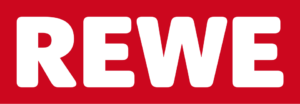كتابة اسم REWE باللون الأبيض بأحرف كبيرة على خلفية حمراء.