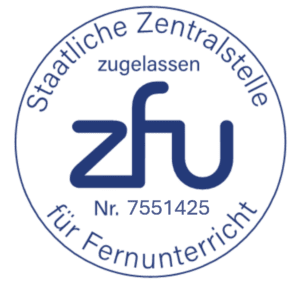 ZFU zugelassenes Siegel mit Zulassungsnummer 7551425 für staatlich geprüften Fernunterricht