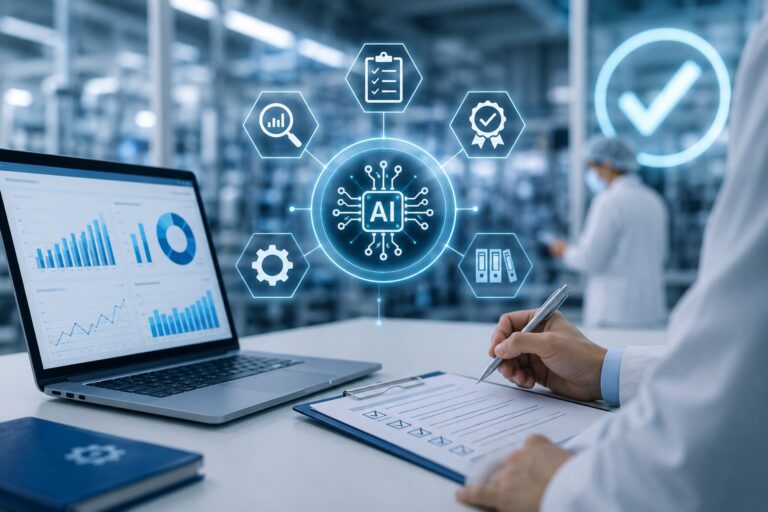 Egy személy jegyzetel egy laptop mellett, ábrákkal, körülvéve holografikus mesterséges intelligencia és QM szimbólumokkal egy gyárcsarnokban.