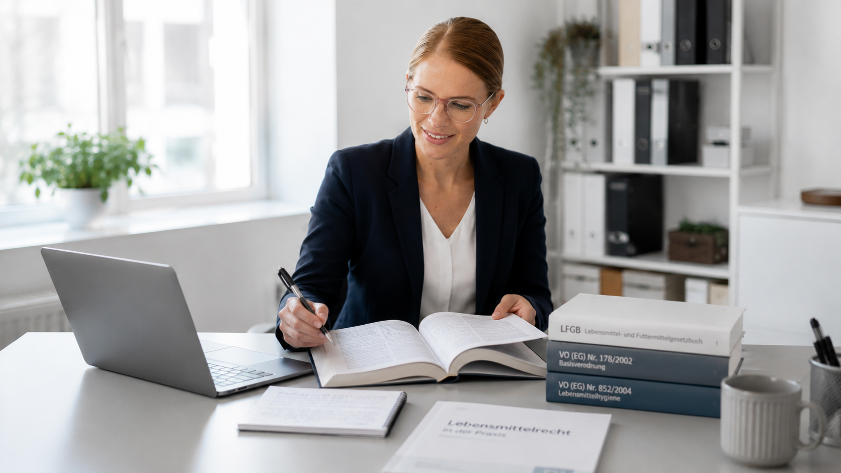 Eine Frau mit Brille im Büro arbeitet am Laptop, macht Notizen in einem Buch und hat Lebensmittelrecht-Gesetzbücher neben sich liegen.