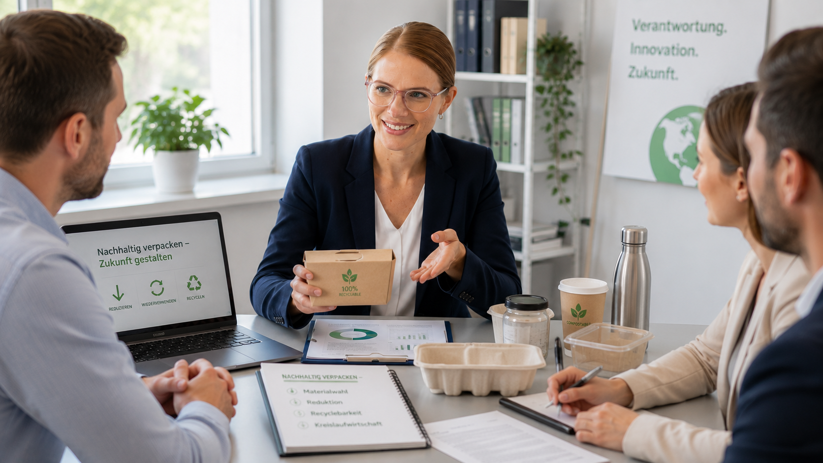 Eine Beraterin präsentiert einem Team in einem Meeting eine umweltfreundliche Verpackung neben einem Laptop mit Präsentation.