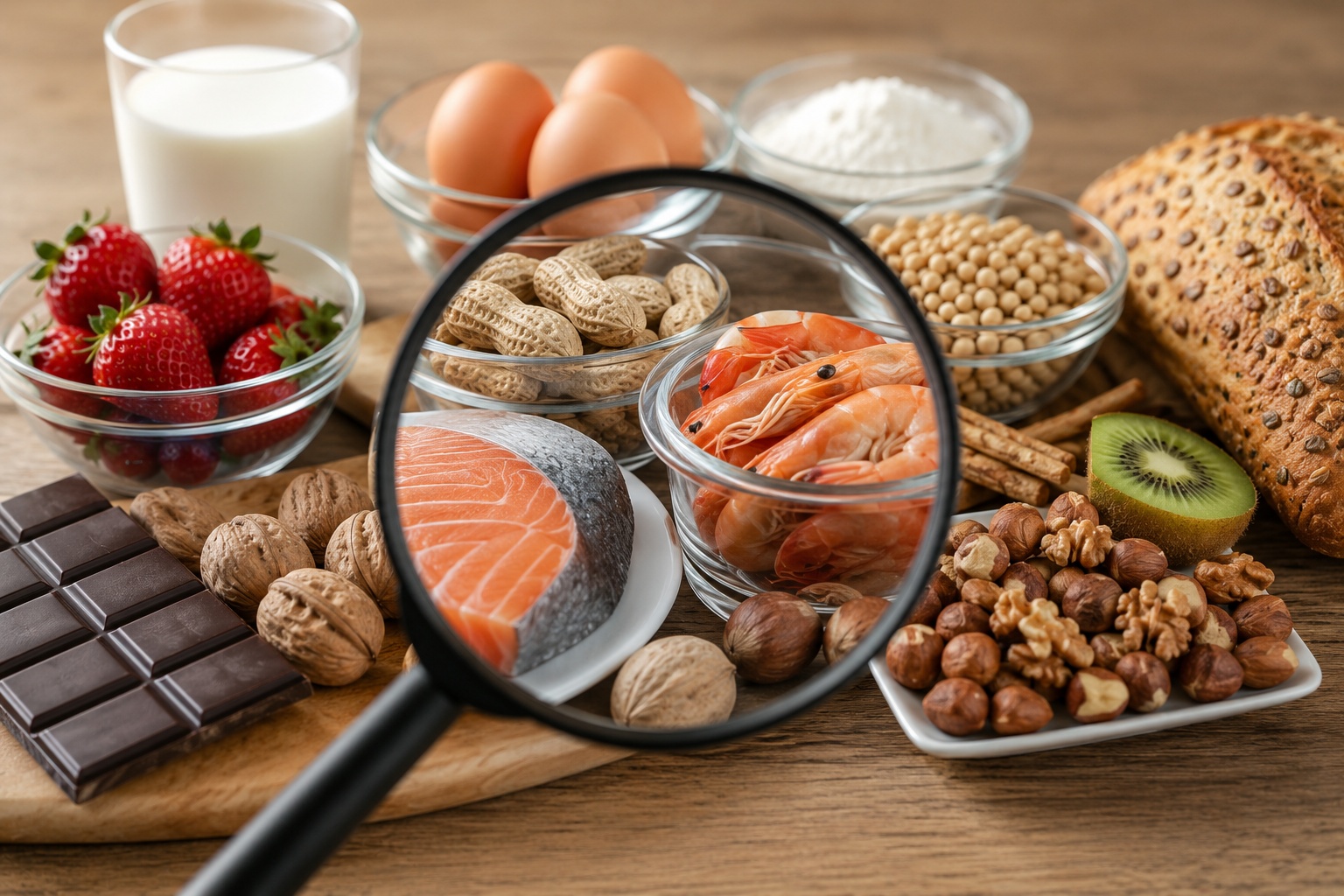 Различные продукты питания, такие как орехи, молоко, яйца и мука, разложены на деревянном столе, на переднем плане они видны через увеличительное стекло.