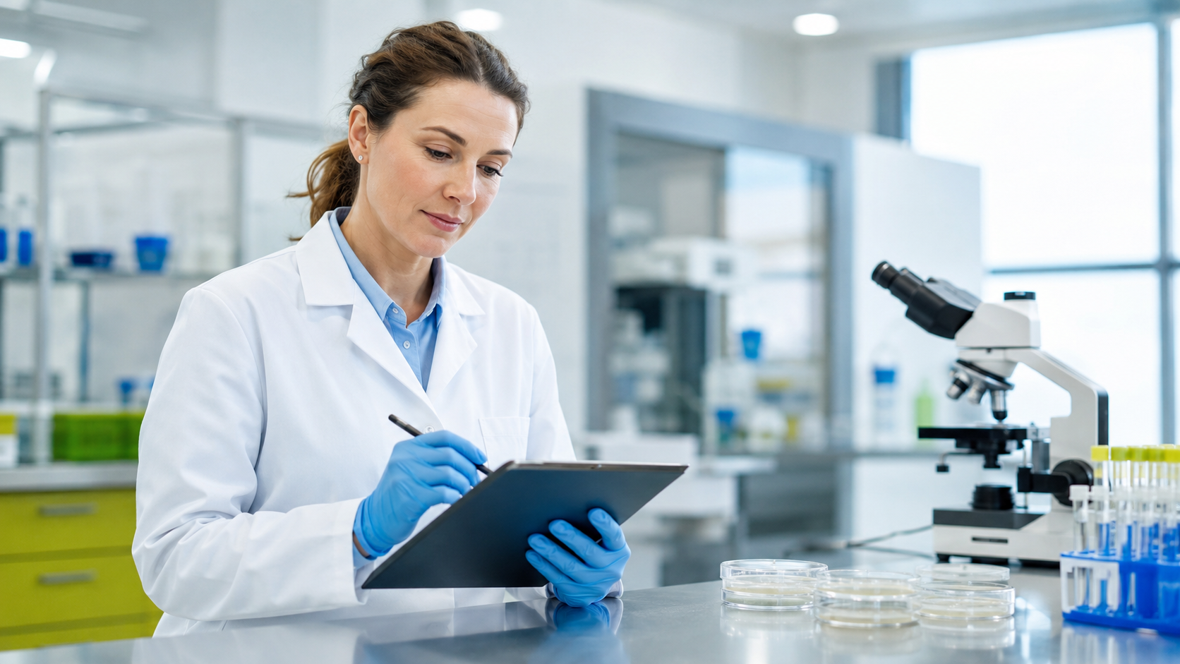 Wissenschaftlerin dokumentiert Prüfdaten auf einem Tablet im Labor neben einem Mikroskop und Proben.