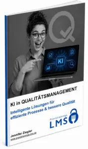 3D-Titelbild des Fachartikels „KI im Qualitätsmanagement – Intelligente Lösungen für effiziente Prozesse und bessere Qualität“ mit Person am Laptop und KI-Visualisierung.