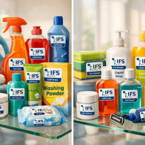 Verschiedene IFS HPC zertifizierte Haushalts- und Körperpflegeprodukte auf Glasregalen, darunter Waschmittel, Reinigungsmittel, Cremes, Seifen und Babytücher.