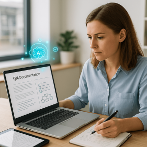 Frau arbeitet an QM-Dokumentation mit KI-Unterstützung auf Laptop während Praxistrainings-LMS-Schulung