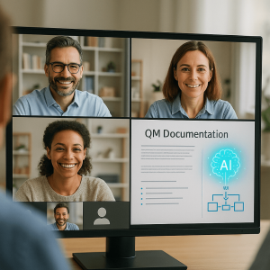 Online-Schulung zu QM-Dokumentation mit KI von Praxistrainings-LMS – Videokonferenz mit Teilnehmenden und Präsentation am Bildschirm.